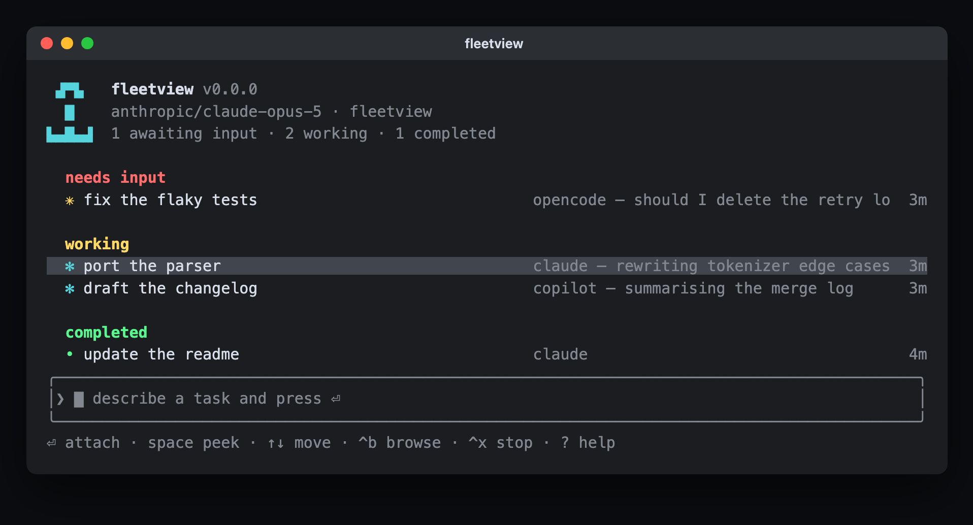 Backend picker listing opencode, claude, and copilot.