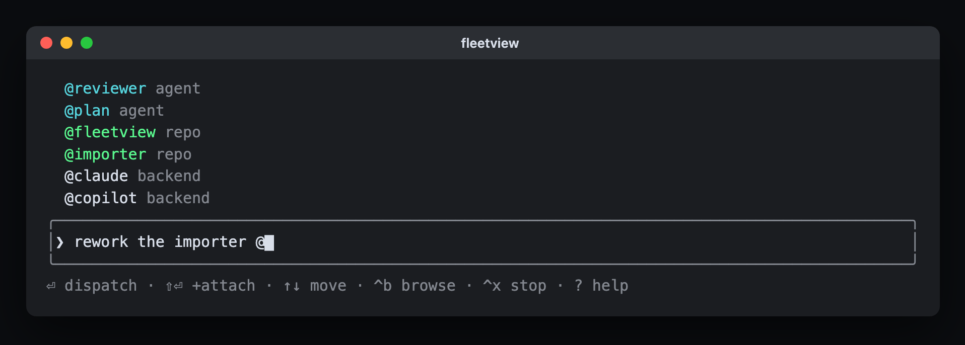 Dispatch input showing suggested tasks below the prompt.