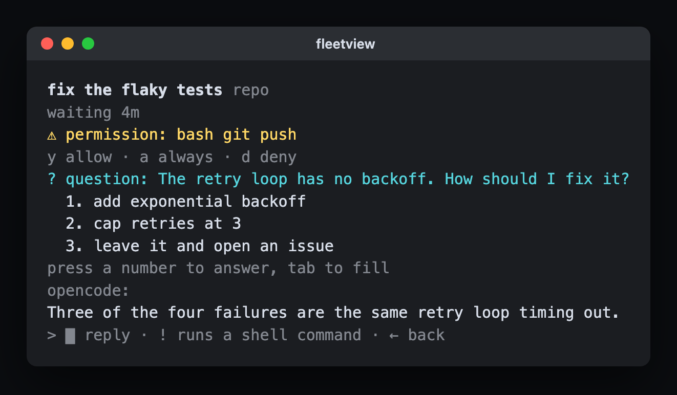 Peek on a blocked session: a permission banner with y/a/d, a question as a numbered list, and a reply input.